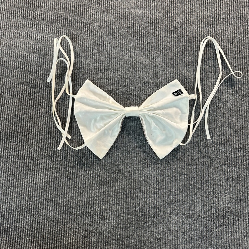 Haute Shein Bow Crop Top Size S White Rhinestone Trim Tie Strap Camisole Womens